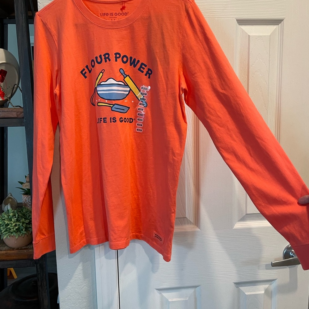 Life is Good FLOUR POWER Long sleeve orange Crusher T shirt Medium NEW w tag - Picture 5 of 8